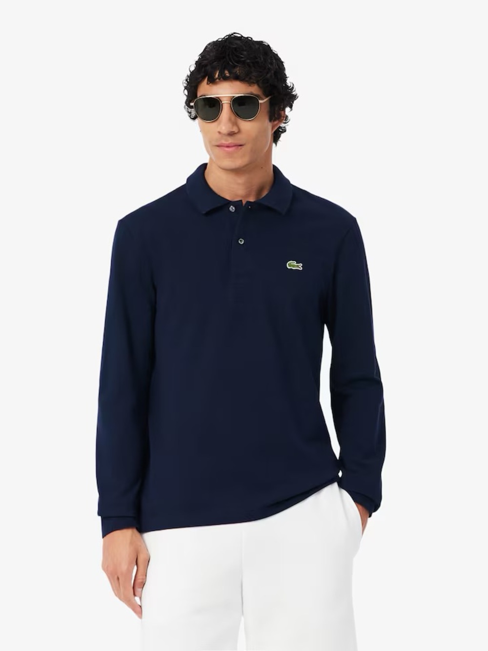Lacoste Men's Long Sleeve Polo - Dark Blue with Green Crocodile